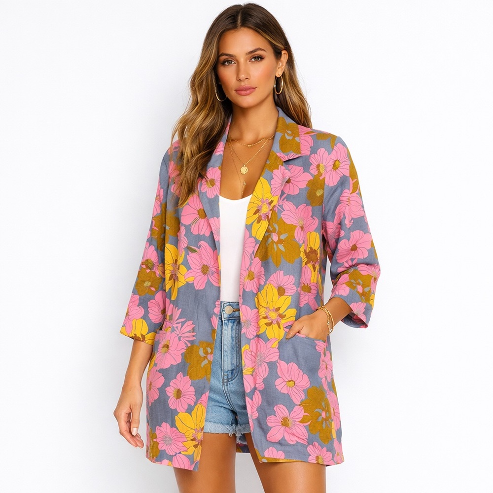Vero Moda Pink and Yellow Floral Blazer linen blend 14